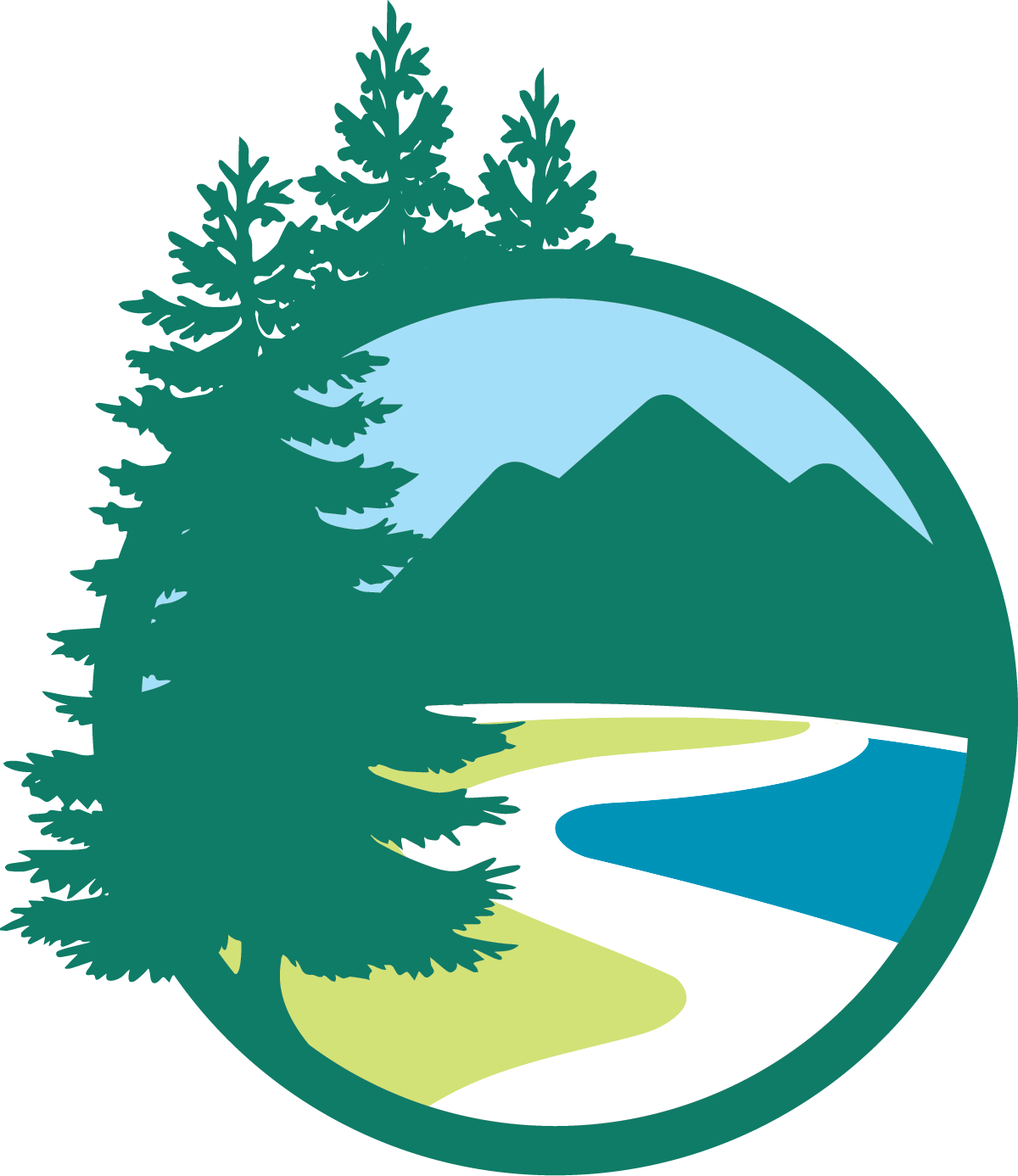2023 ANCA Summit Logo: A circle that contains blue-green mountains and a wave leading up to the mountains. On the left of the circle, three pine trees stand out beyond the circle.