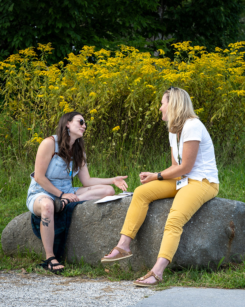 Two people sit on a large boulder with a notepad between them. One person gesticulates and speaks. Behind them, yellow flowers.