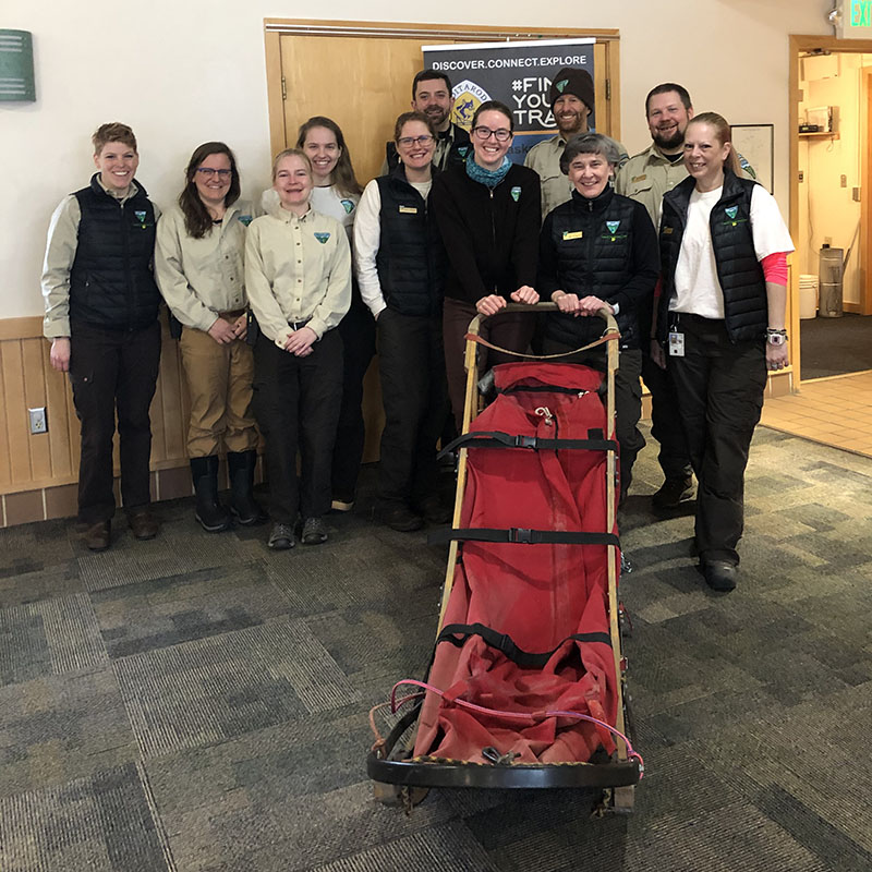 CCSC Staff (from left) Nancy Patterson, Maddy Stokes, Autumn Young, Maia Draper-Reich, Julie Johnson, Brian Janson, Molly Larmie, Brad Fidel, Luise Woelflein, Eric Stuart, and Cynthia Silvis on the 2020 Iditarod Ceremonial Start Day. Photo Credit: Bureau of Land Management.