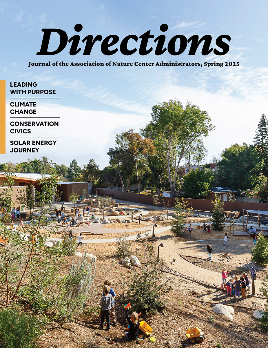 Directions cover: a landscape in southern California with paths, children playing, and a building nestled among trees.